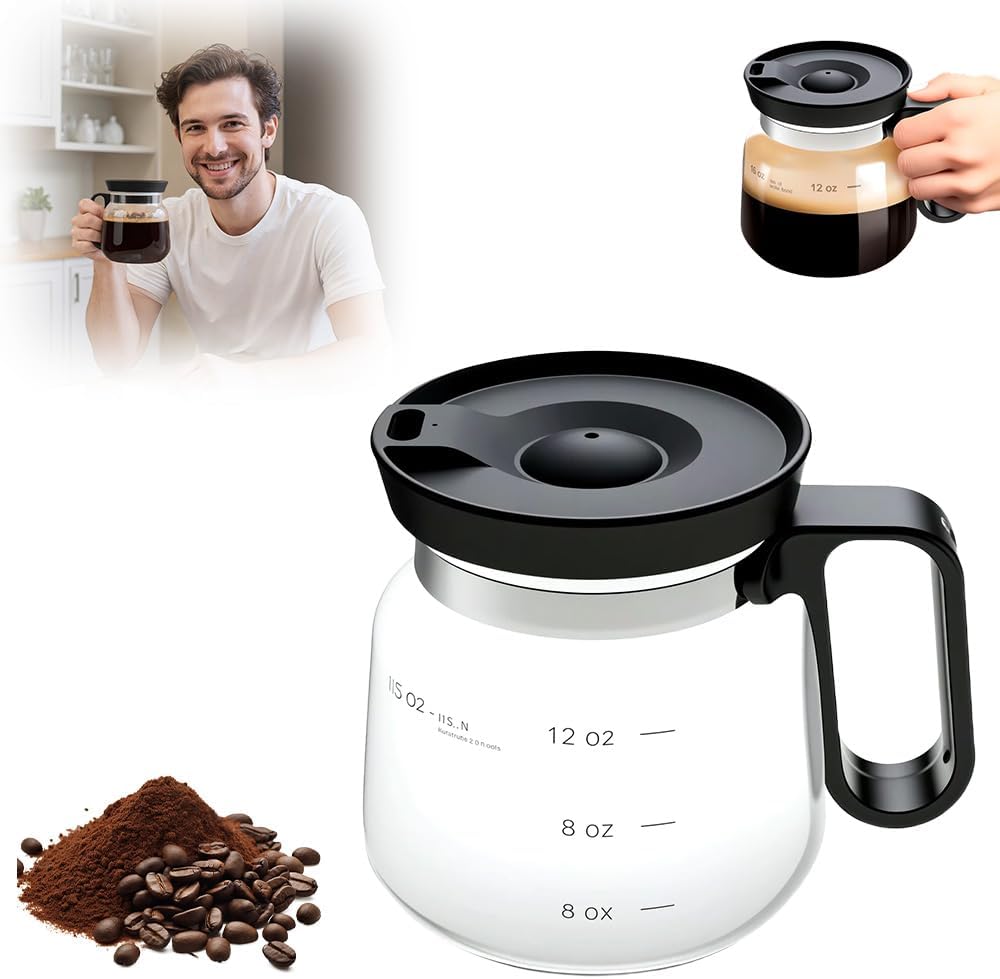 16 Oz Glass Coffee Mug Coffee Pot Style, 2025 New Mini Heatproof Large Capacity Clear Cup Mini Coffee Pot Mug, Upgrade Glass Coffee Mug in Coffee Pots Shape for Hot Chocolate (Black)