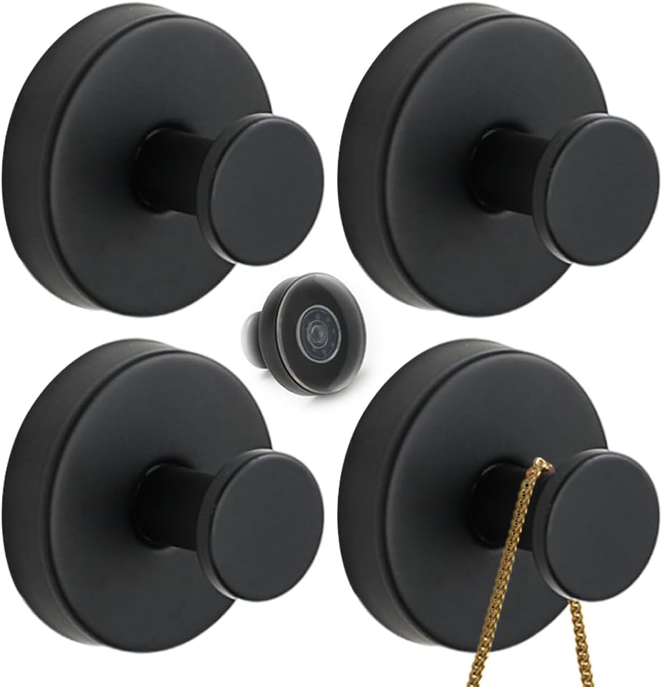 No Drill Hooks, 2024 Upgrade Suction Cup Hooks for Bathroom Shower Mirrors Suction Cup Hooks Multipack, Stainless Steel Waterproof Suction Cup Hooks Kitchens Hanging Towels (4, Black)