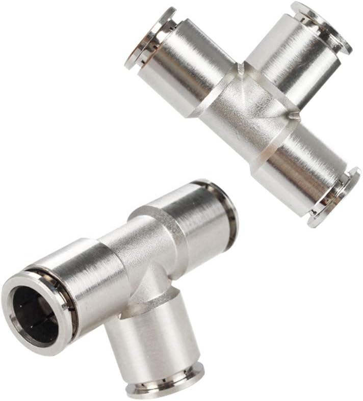 Push to Connect Tube Fitting Union Tee, Copper Nickle-Plated 3/8" Tube OD 3 Way Tee Shaped Union Adapter Fitting (Pack of 5)