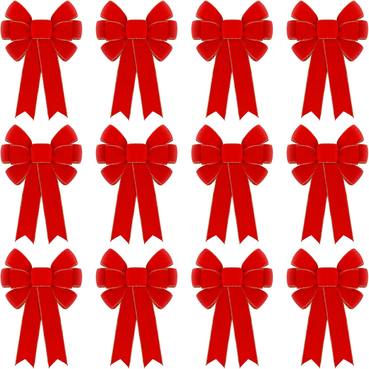 12 Pcs Red Velvet Bows for Christmas Tree Decorations, 9" X 14" Outdoor Christmas Bows Tree Topper Ornaments with Glitter Gold Edge for Wreaths Fireplace Home Party Door Xmas Holiday Decor