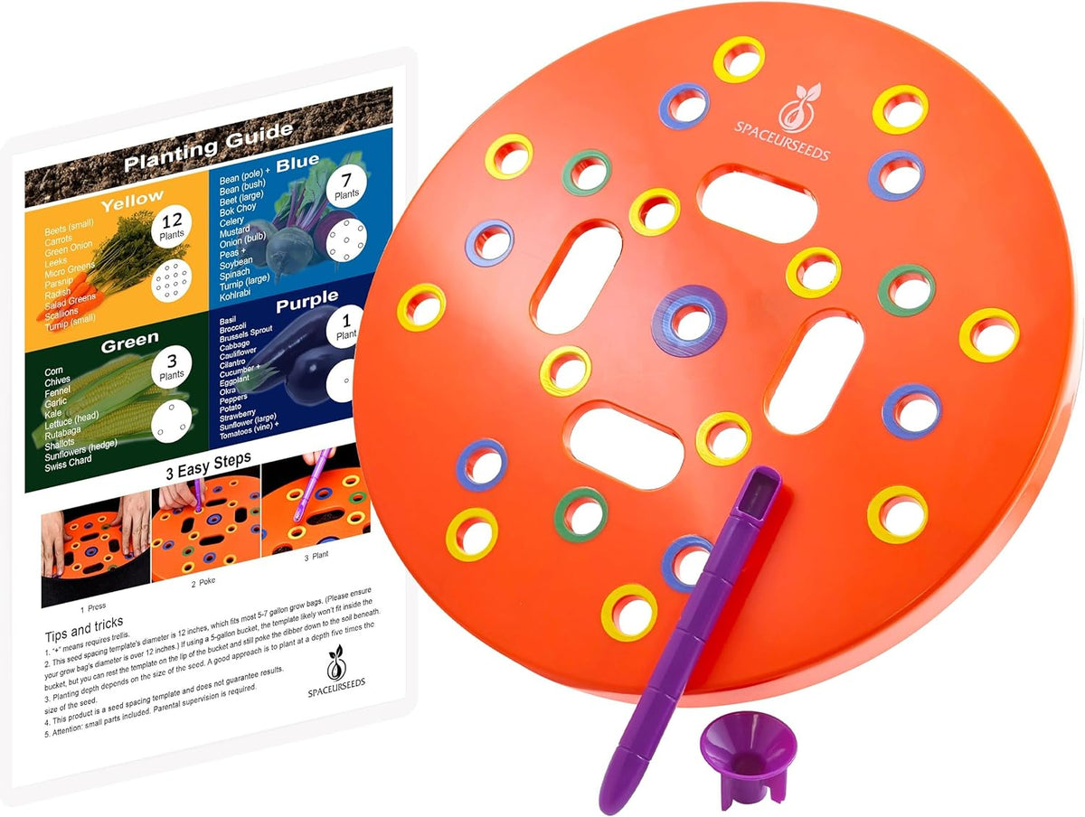 Round Seed Planting Template by  – Patented Color-Coded Garden Spacing Tool Kit with Seed & Seedling Spacer, Dibber with Seed Spoon & Laminated Vegetable Growing Guide
