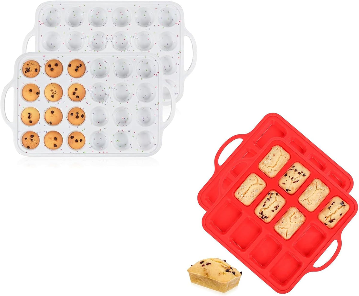 Mini Muffin Pan with Metal Reinforced Frame 24 Cups & Silicone Mini Loaf Pan 12 Cavities