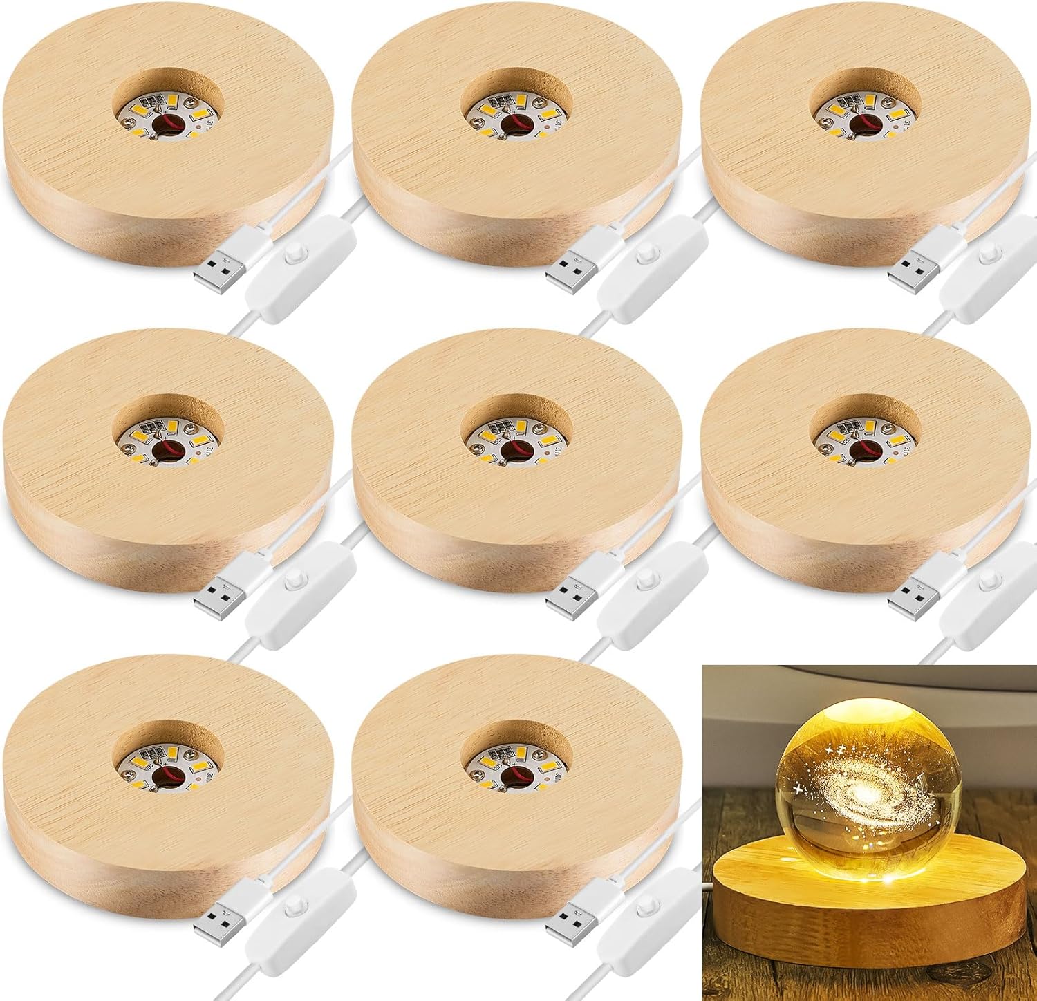8 Pcs Wooden LED Display Base Lighted Base for Crystal Art Wood Display for Glass Art 3D Crystal Warm Light(Round Surface Style)