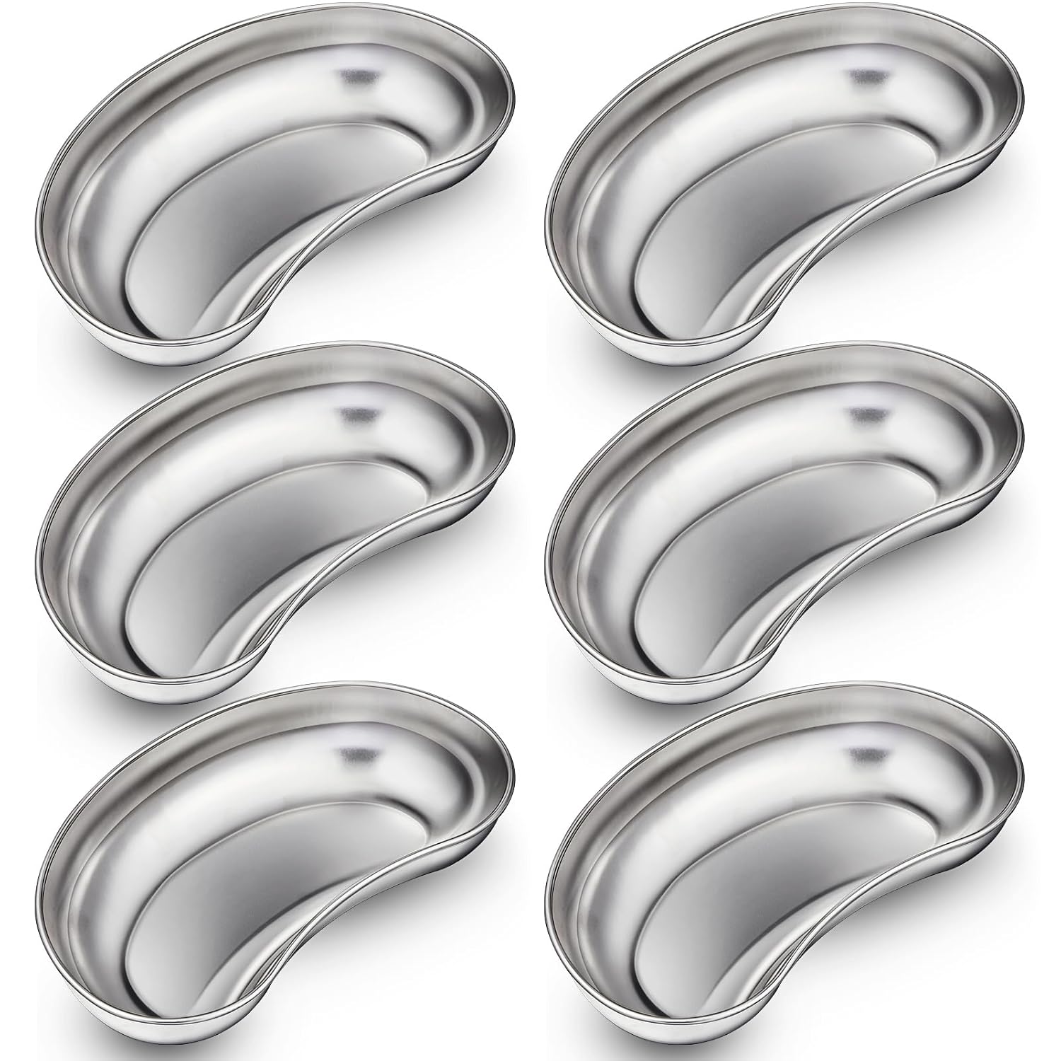 6 Pcs Stainless Steel Kidney Tray 8'' Medium Kidney Shaped Emesis Basin Surgical Medical Tray pan Bowls Reusable Metal Dish Dental Lab Instruments Bathroom Soiled Dressings Medic Waster