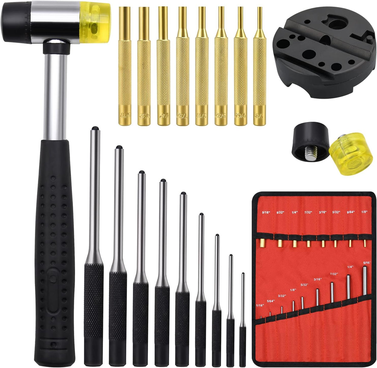 Pin Punch Set, 22pcs Removing Repair Tools, Including Universal Block, Brass Pin Punches, Steel Pin Punches and Hammer
