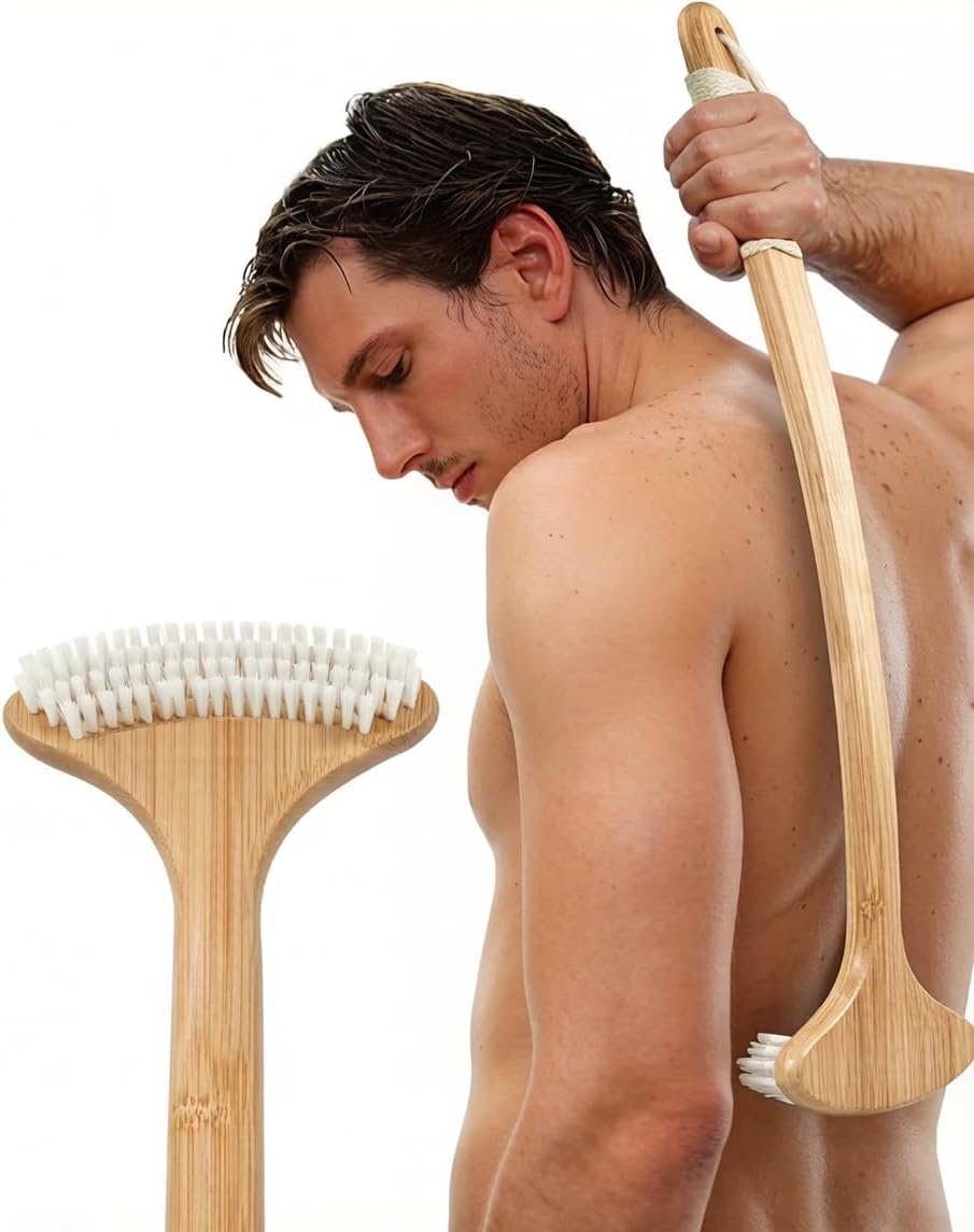 Bamboo Back Scratcher, 22'' Extra Long Curved Handle Reach Back Easily, Wide Brush Head Soft Bristles for Instant Itch Relief, Wet or Dry Use for Shower, Easy to Grip for Men/Women/Elderly