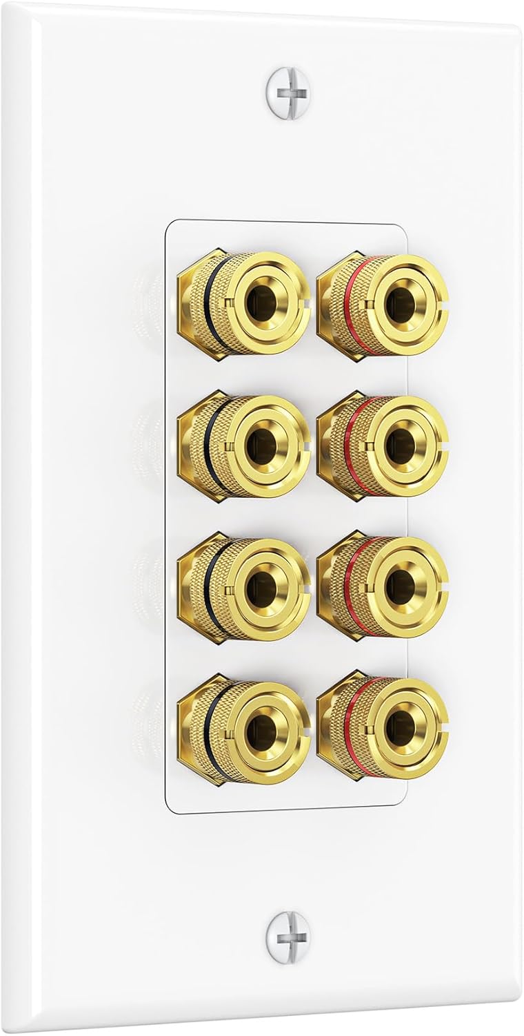 Speaker Wire Wall Plate, Gold Plated Speaker Wall Plate with Banana Plug Binding Post for 4 Speakers, White