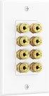 Speaker Wire Wall Plate, Gold Plated Speaker Wall Plate with Banana Plug Binding Post for 4 Speakers, White