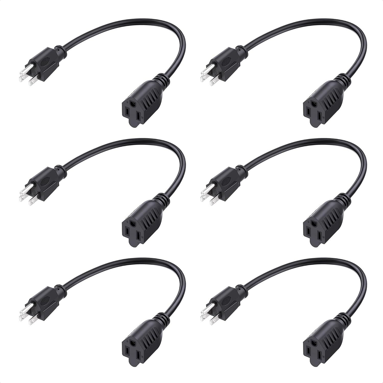 [ETL Listed]  6-Pack 16 AWG Heavy Duty 13A Short Power Extension Cord - 1ft, 3 Prong Power Cord Extension, NEMA 5-15P to NEMA 5-15R, Black