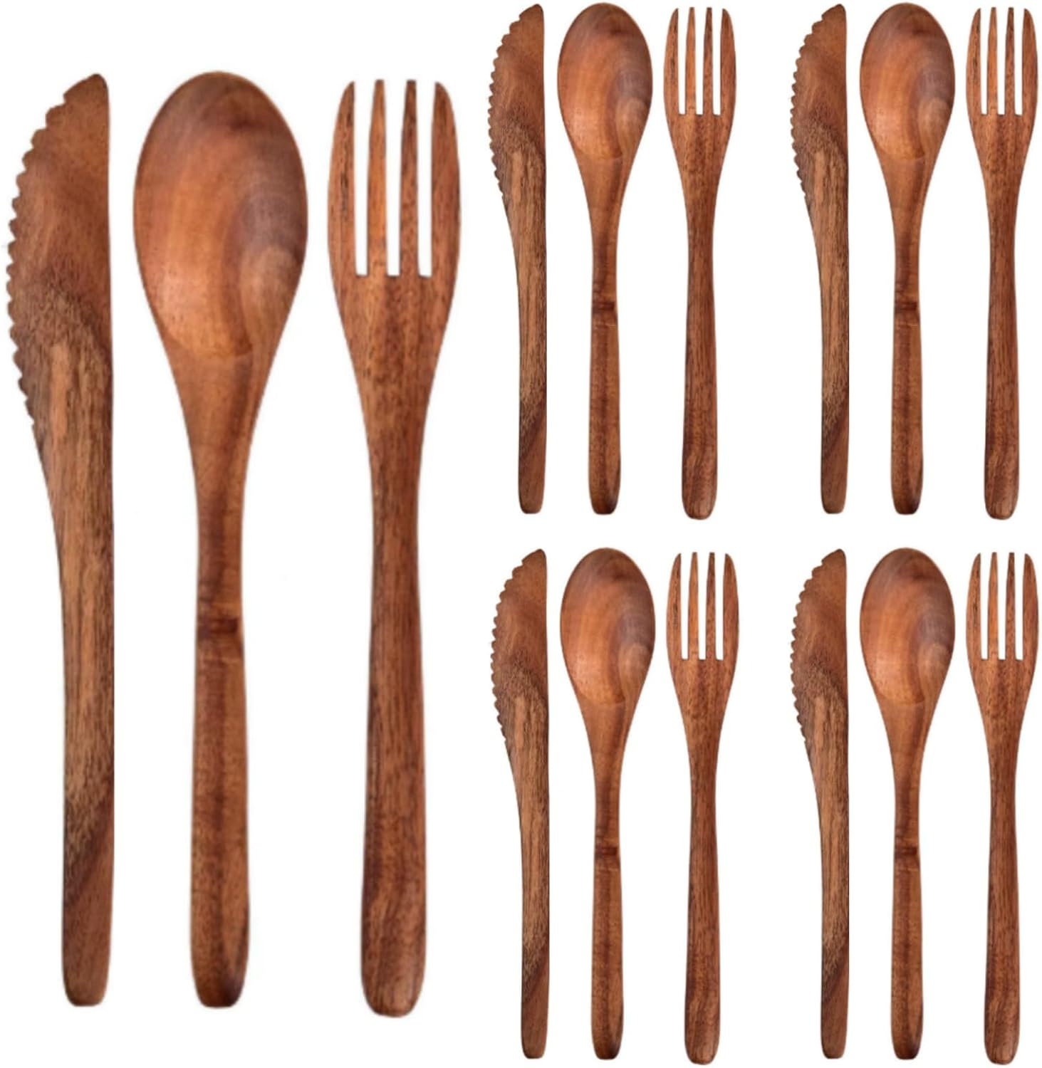 12 Pcs Wooden Utensils for Eating Set Wooden Spoon Fork Knife Cutlery Set Kitchen Wood Utensils Dinner Flatware Tableware (Teak Wood)
