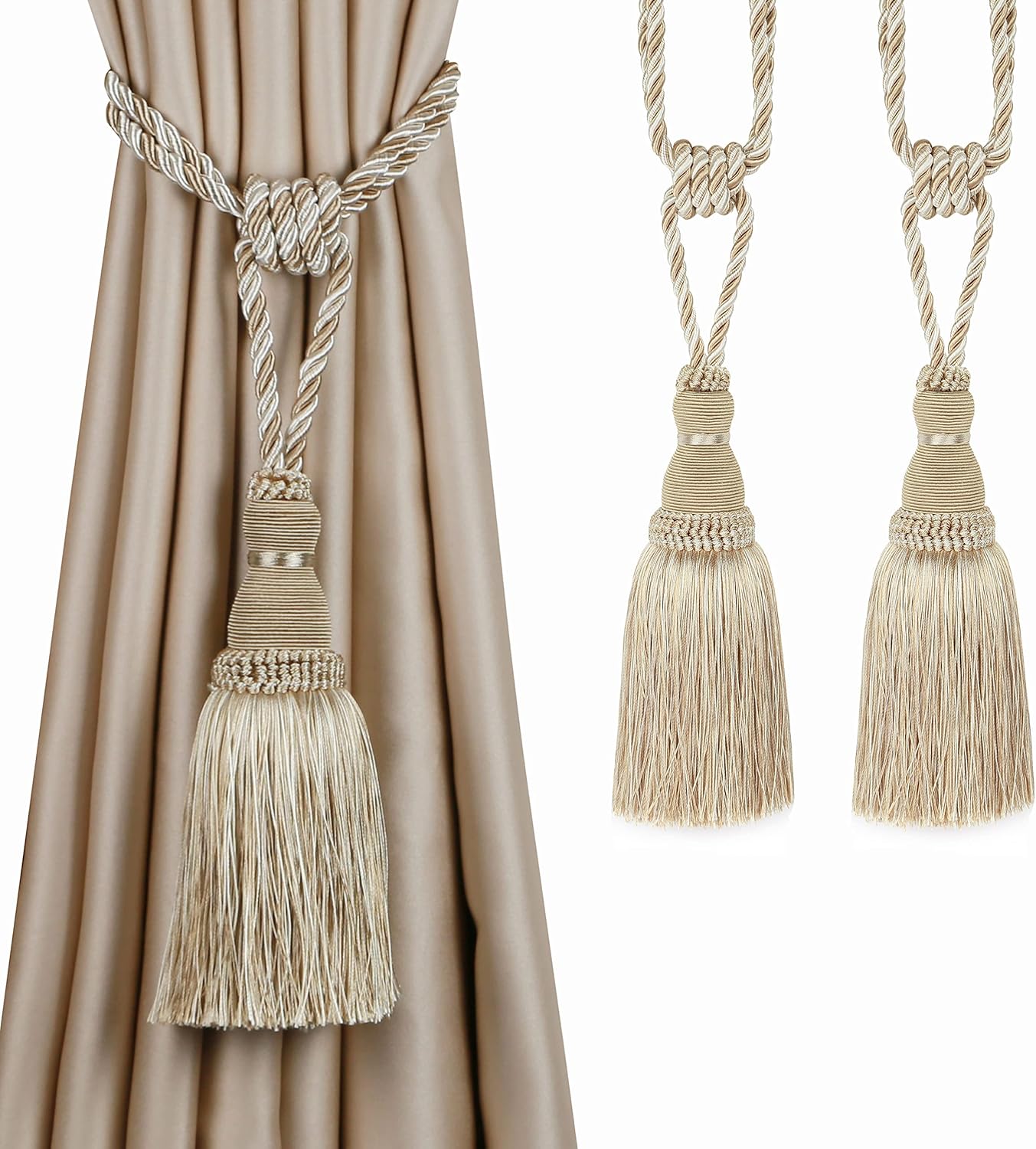 2 Pack Curtain Tiebacks Tassel Drapery Tie-Backs Rope Handmade Holdbacks Home Office Hotel Decorative (Mix Beige, 2 Pack)
