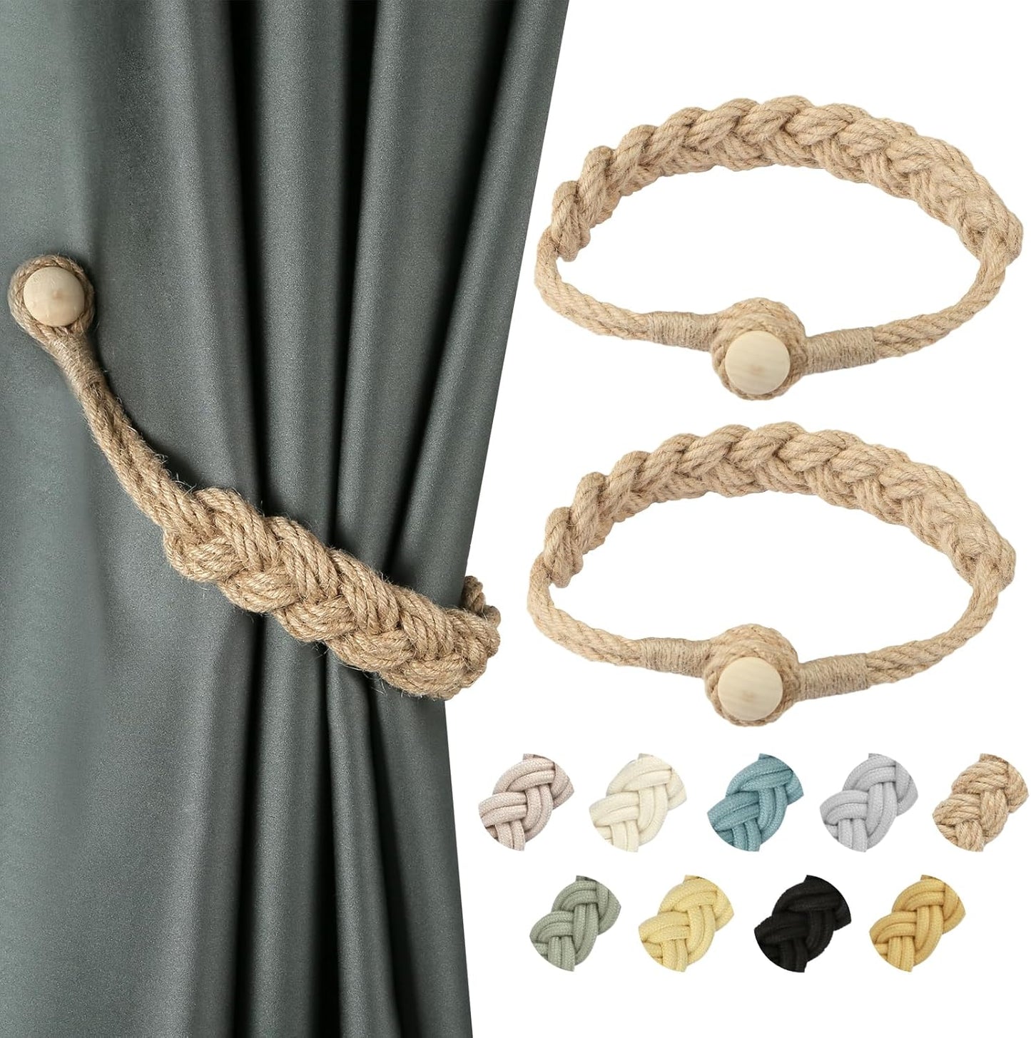 Jute Curtain Tiebacks Magnetic Woven Curtain Holdback Drapery Tie-Back (Jute-2Pack)
