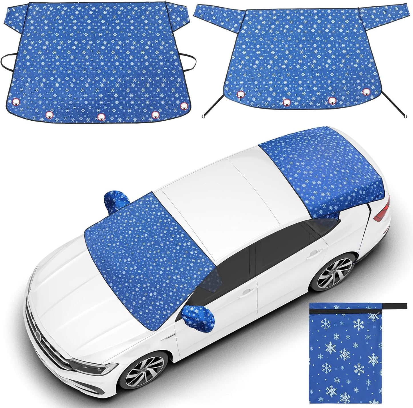 2 Pcs Windshield Cover for Ice and Snow Set Blue Snowflake Heavy Duty 600d Oxford Fabric Car Winter Accessories Front&Rear Protection with Magnetic Edges Wing Mirror Covers for Car Truck SUV