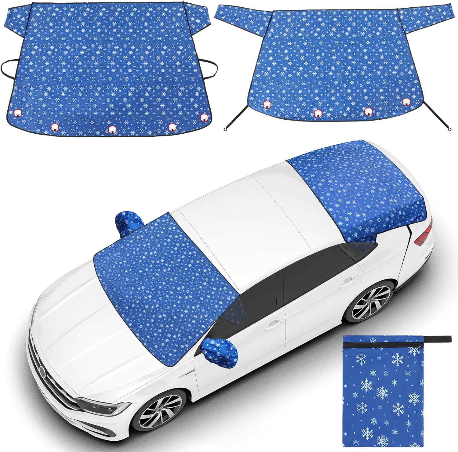 2 Pcs Windshield Cover for Ice and Snow Set Blue Snowflake Heavy Duty 600d Oxford Fabric Car Winter Accessories Front&Rear Protection with Magnetic Edges Wing Mirror Covers for Car Truck SUV