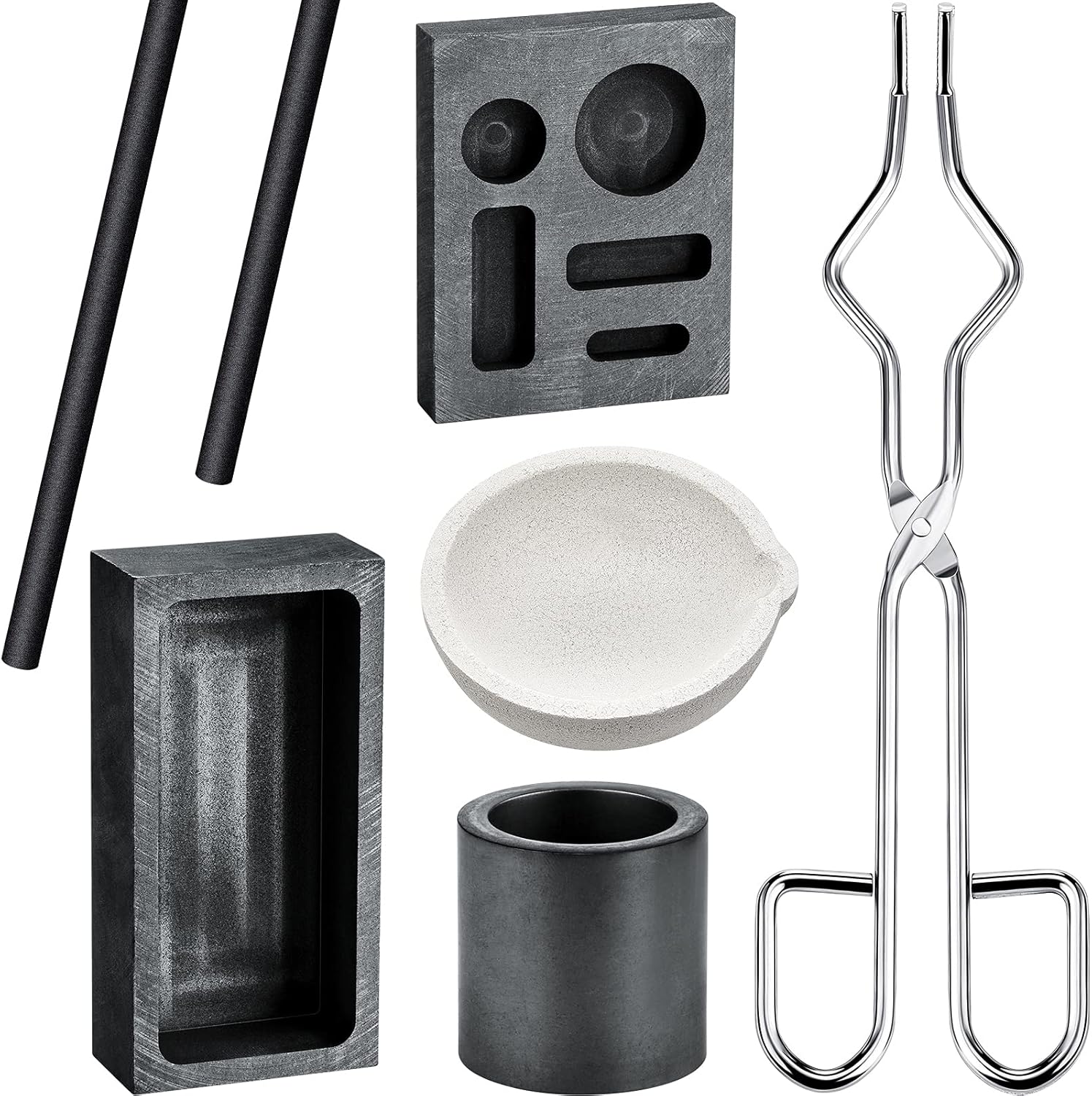 7 Pieces Graphite Torch Melting Casting Kit, Including 2 Graphite Crucible Stir Stick, Graphite Casting Mould 5-in-1 Graphite Casting Ingot Mould, Quartz Crucible, Cylindrical Graphite, Tong for Melt