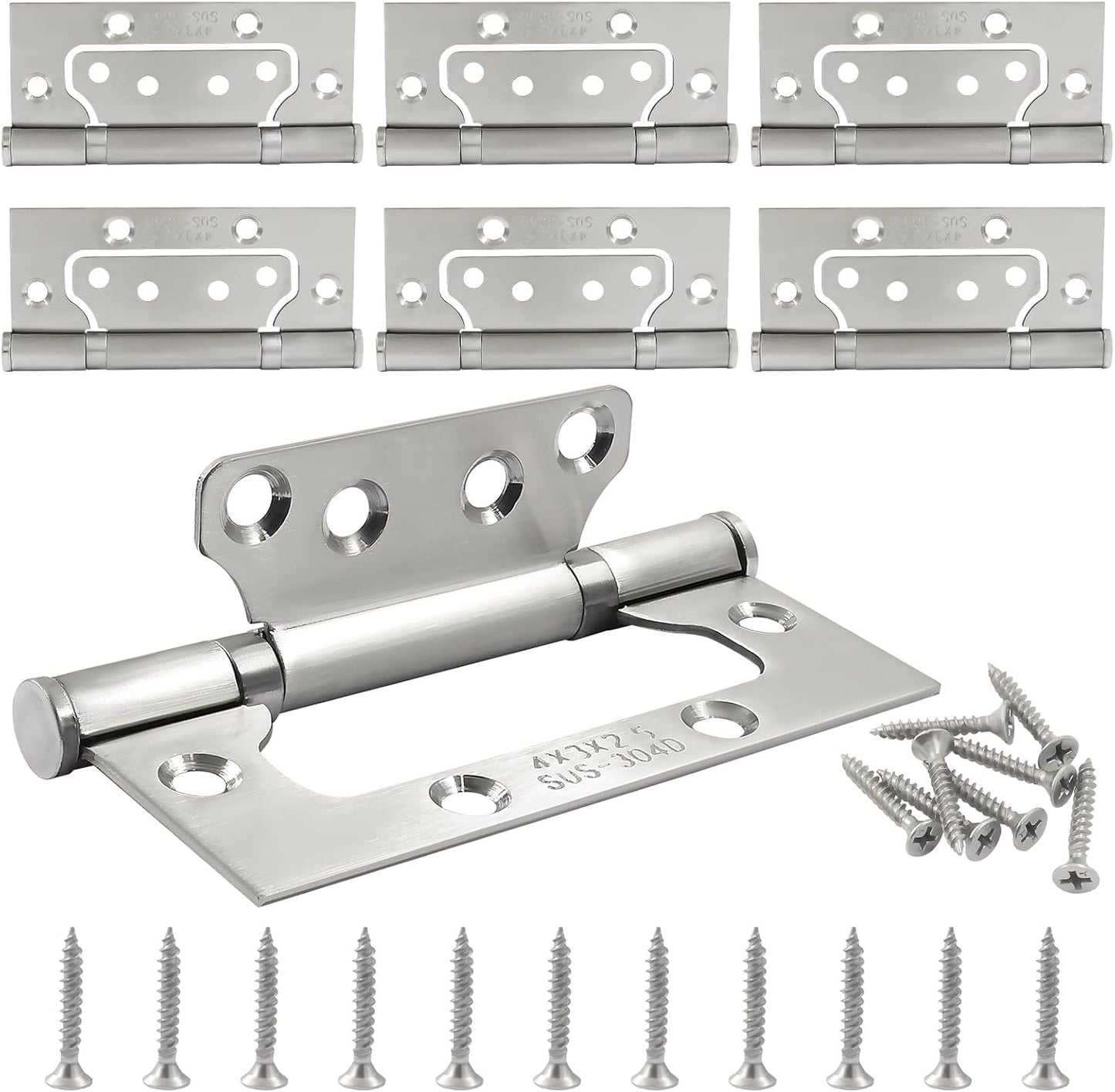 6 Pack Silver Non Mortise Door Hinges, 4"x3" Stainless Steel Bifold Door Hinges Thicken Heavy Duty Interior Gate Hinges with Mounting Screws