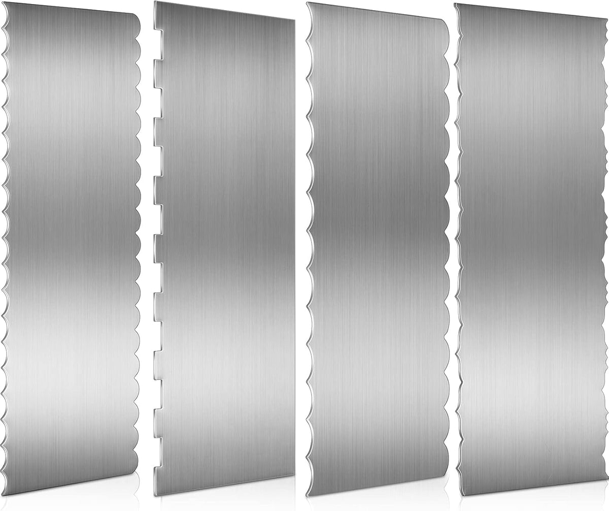 4 Pieces Stainless Steel Cake Scraper Smoother Large Double Sided Patterned Edge Stripe 9 Inch Metal Cake Decorating Comb for Icing Mousse Butter Cream Decoration, 4 Styles