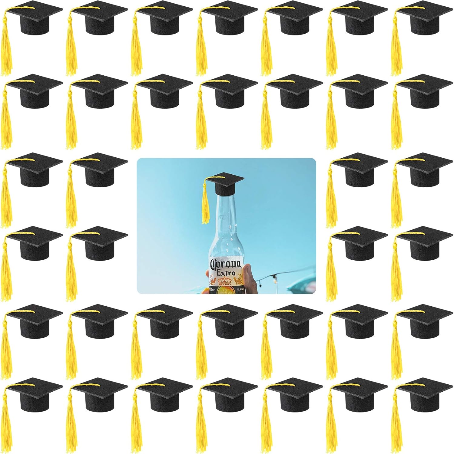 36 Pieces 2026 Mini Graduation Caps with Tassels Graduation Wine Bottle Toppers(Black Cap with Gold Tassel)