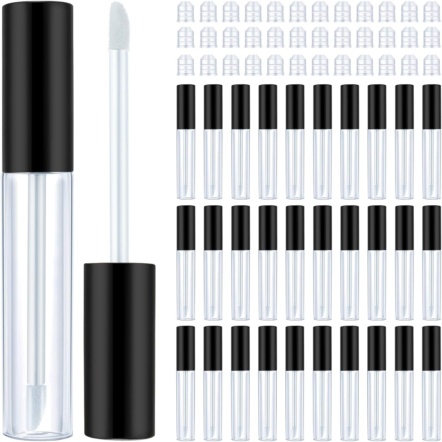 50 Pack 10 ml Empty Lip Gloss Tube Containers Clear Refillable Lip Balm Bottles Plastic Lipstick Tubes with Rubber Inserts Cosmetic Tools for Travel, DIY Makeup, Personal Cosmetic(Black)