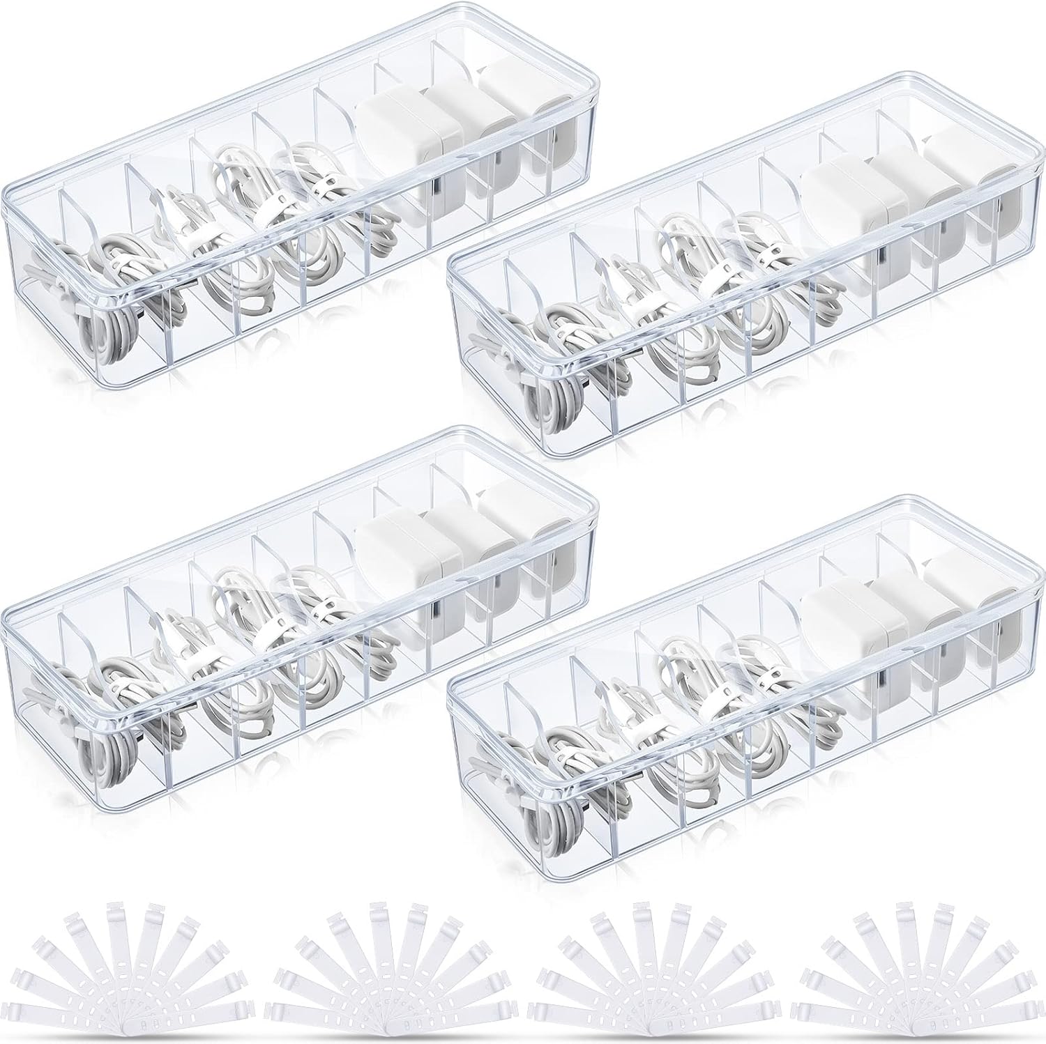 4 Pcs Cable Organizer Box with Wire Ties, Plastic Cord Storage Box with Lid, Electronics Organizer for Home Office Desk Organizers and Accessories (Clear)