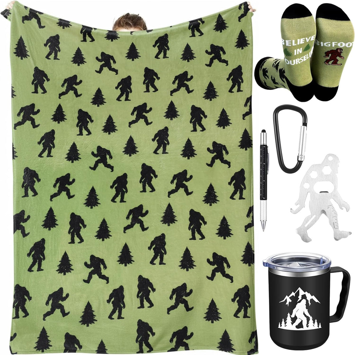 5 Pcs Bigfoot Sasquatch Gifts Sasquatch Lovers Gift with Large Blanket 12 oz Insulated Tumbler Socks Can Opener Keychain and Ballpoint Pen for Men Women Dad Grandpa Gifts