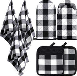 7 Pieces Buffalo Check Dish Towels Pot Holders Oven Mitts Set Cotton Plaid Kitchen Dish Towels Non-Slip Heat Resistant Oven Mitts and Pot Holders for Cooking Baking Grilling Supply (Black with White)