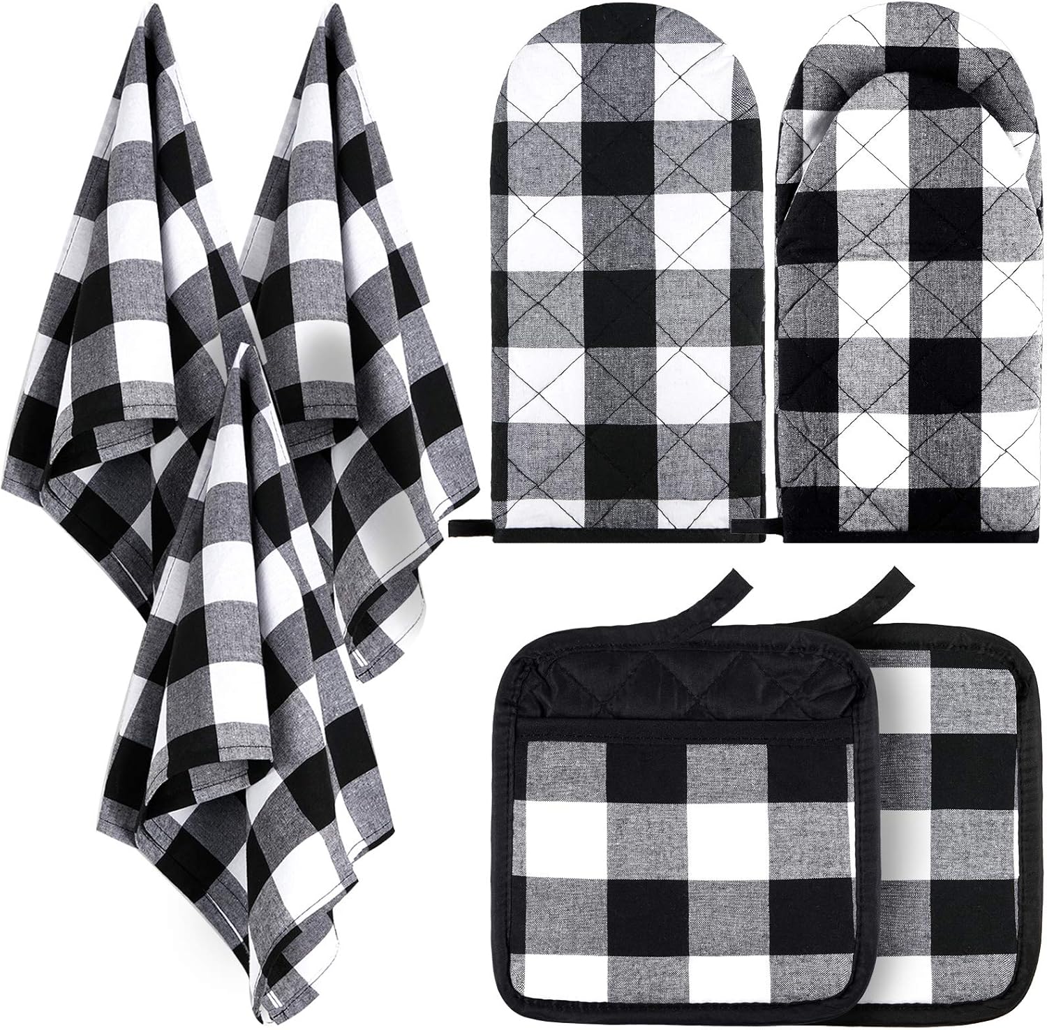 7 Pieces Buffalo Check Dish Towels Pot Holders Oven Mitts Set Cotton Plaid Kitchen Dish Towels Non-Slip Heat Resistant Oven Mitts and Pot Holders for Cooking Baking Grilling Supply (Black with White)
