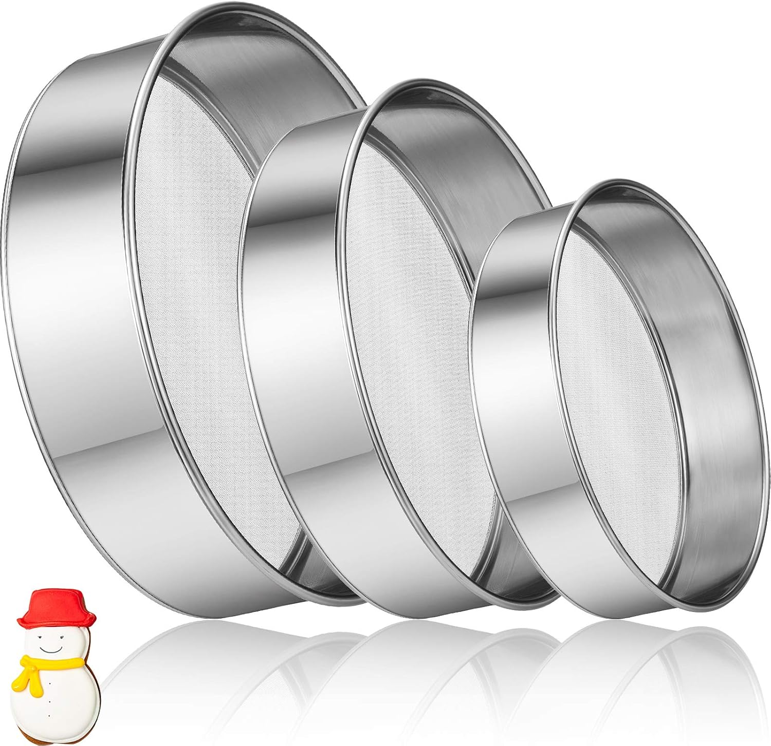 3 Pcs Stainless Steel Round Flour Sifter Sieve Fine Mesh for Bake Decorate Cakes, Pies, Pastries, Cupcakes (6 Inch and 8 Inch 60 Mesh,7 Inch 40 Mesh)