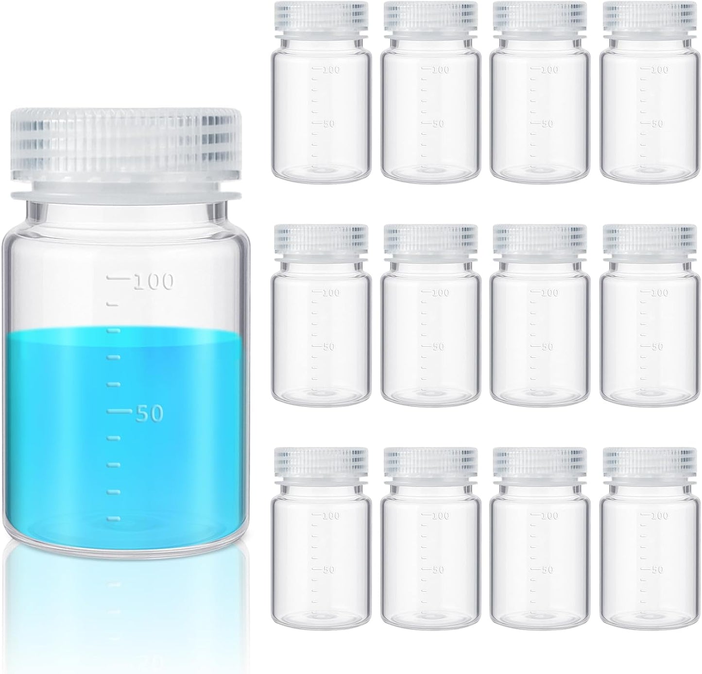 12 Pcs Plastic Sample Bottles with Screw Cap, Liquid Containers with Lid for Lab Reagent Sample Medicine Pill Water Storage, Travel Bottles(Clear,3oz 100ml,Wide Mouth-white Scale)