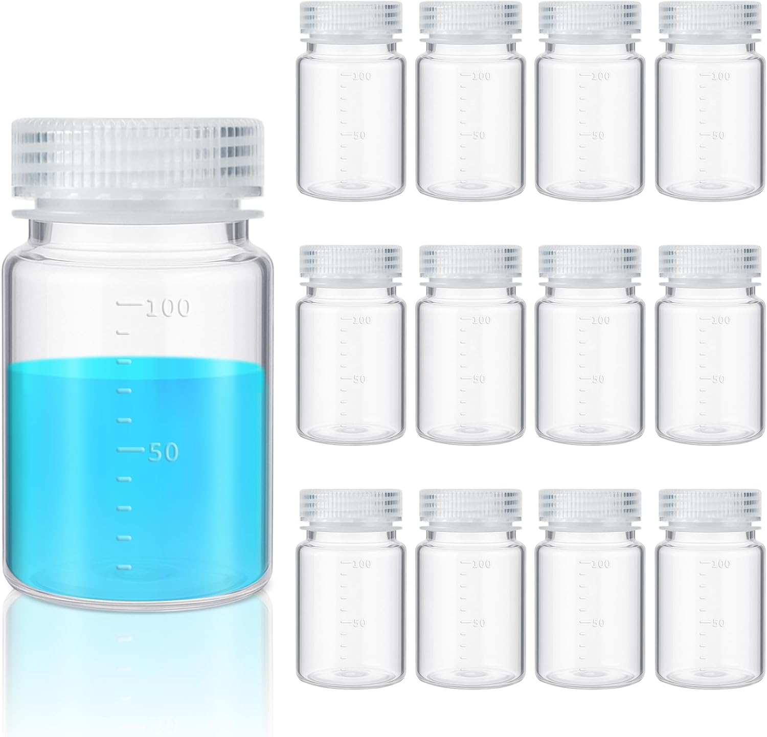 12 Pcs Plastic Sample Bottles with Screw Cap, Liquid Containers with Lid for Lab Reagent Sample Medicine Pill Water Storage, Travel Bottles(Clear,3oz 100ml,Wide Mouth-white Scale)