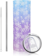 Winter Snowflake Tumbler with Lid Straw 20 oz Stainless Steel Tumbler Snowflake Insulated Skinny Travel Cup Coffee Mug with Straw Brush for Winter Holiday Birthday Party Gifts(Blue)