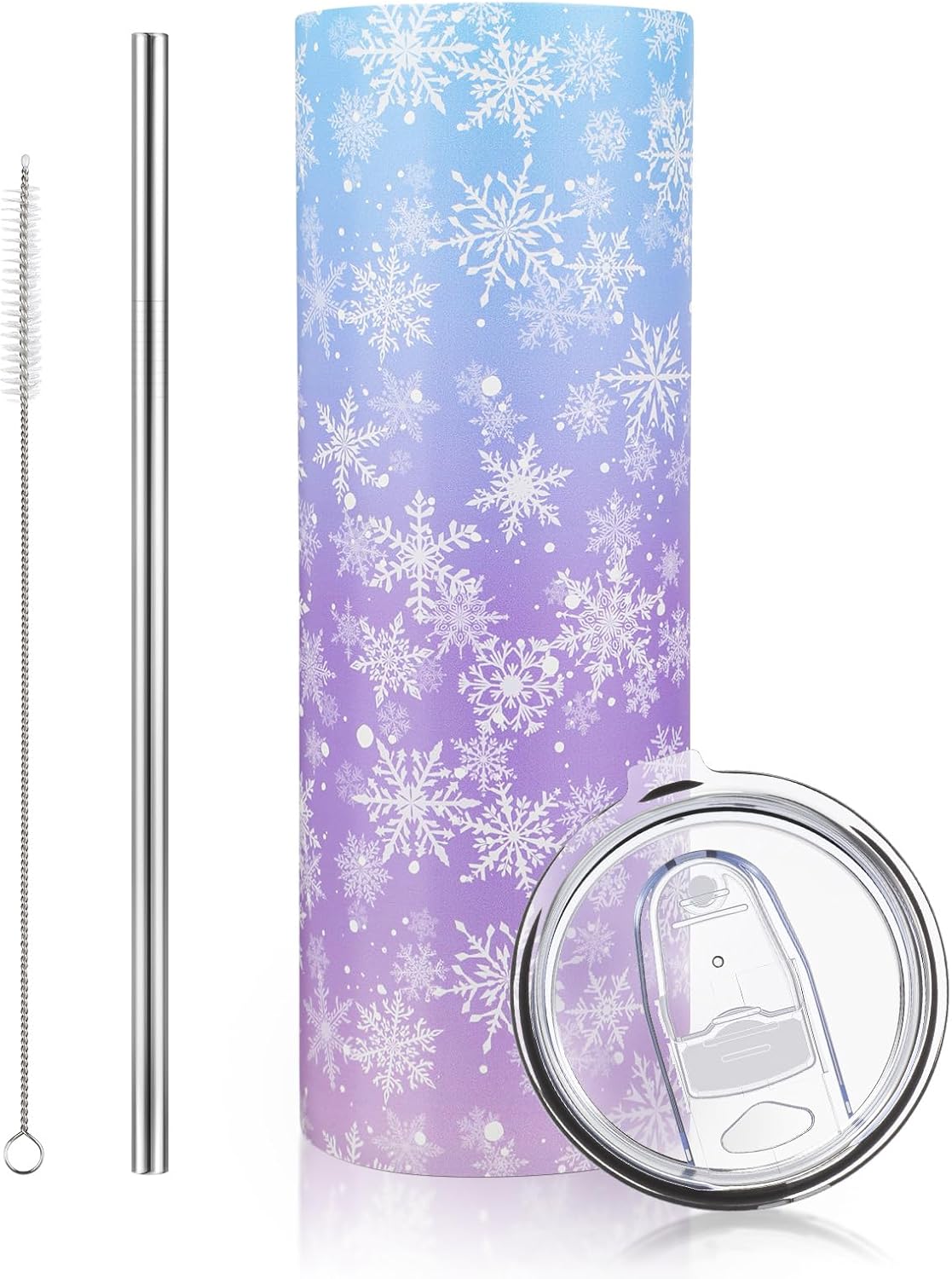 Winter Snowflake Tumbler with Lid Straw 20 oz Stainless Steel Tumbler Snowflake Insulated Skinny Travel Cup Coffee Mug with Straw Brush for Winter Holiday Birthday Party Gifts(Blue)