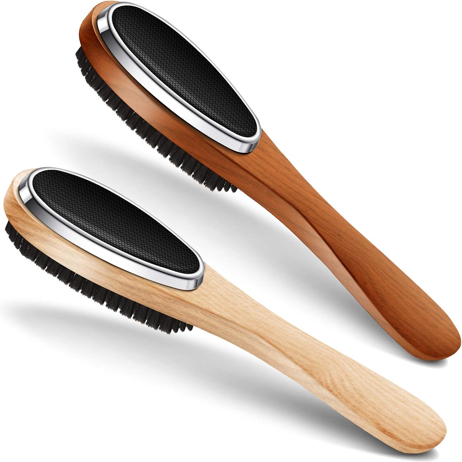 2 Pieces 3 in 1 Lint Cloth Brush Double Sided Garment Brush Lint Remover Shoe Horn Beech Wood Handle for Clothes Wool Coat Couch Pet Hair, Random Color