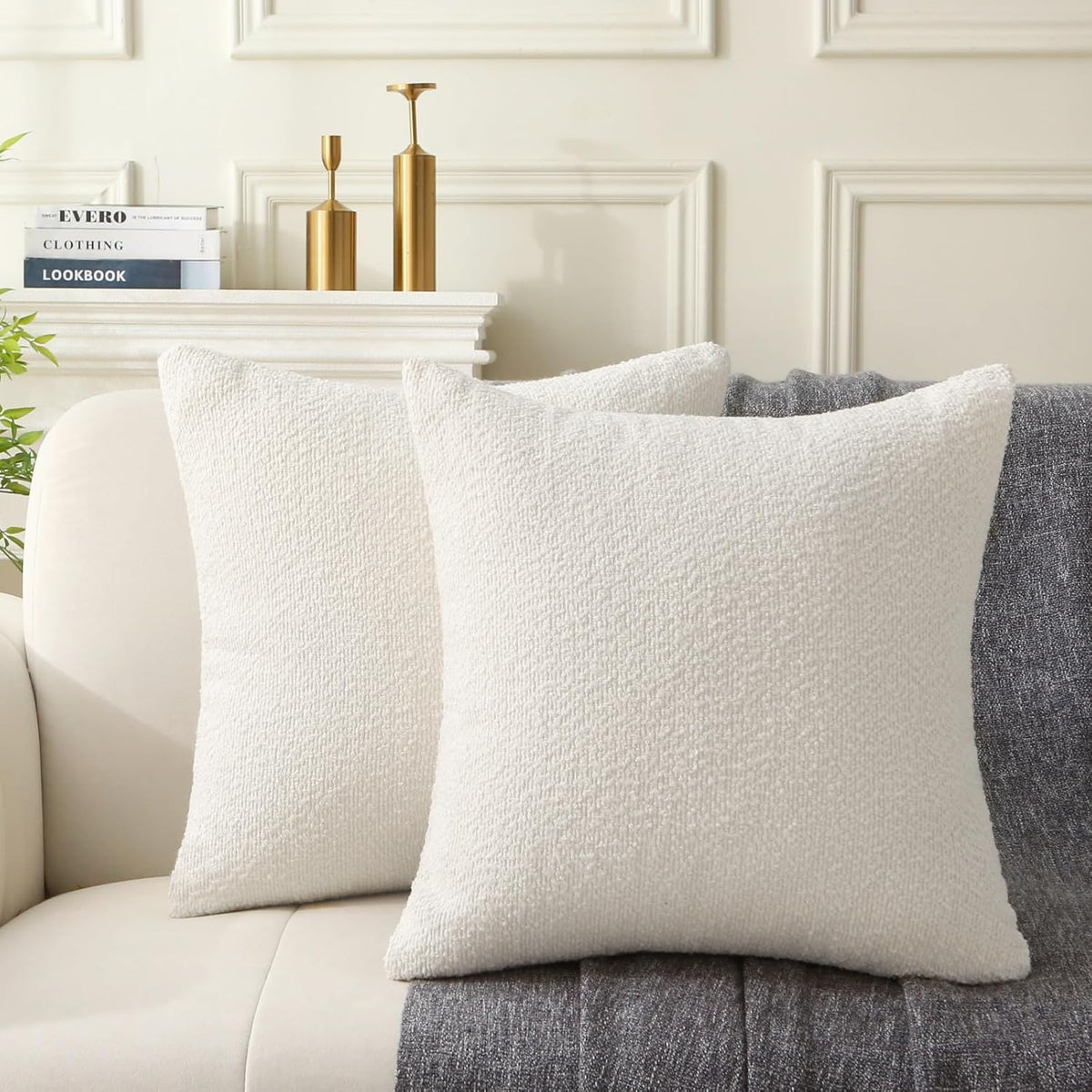 18" x 18" Decorative Throw Pillow with Inserts, Set of 2 Soft Textured Boucle Throw Pillows, Square Boho Pillow for Couch, Bed, Sofa Decor (White, 18" x 18"(Pack of 2))