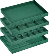 Jewelry Tray, 4 Set of Stackable Jewelry Display Tray, Velvet Jewelry Organizer, Storage Box for Ring Earring Necklace Bracelet (Dark Green)