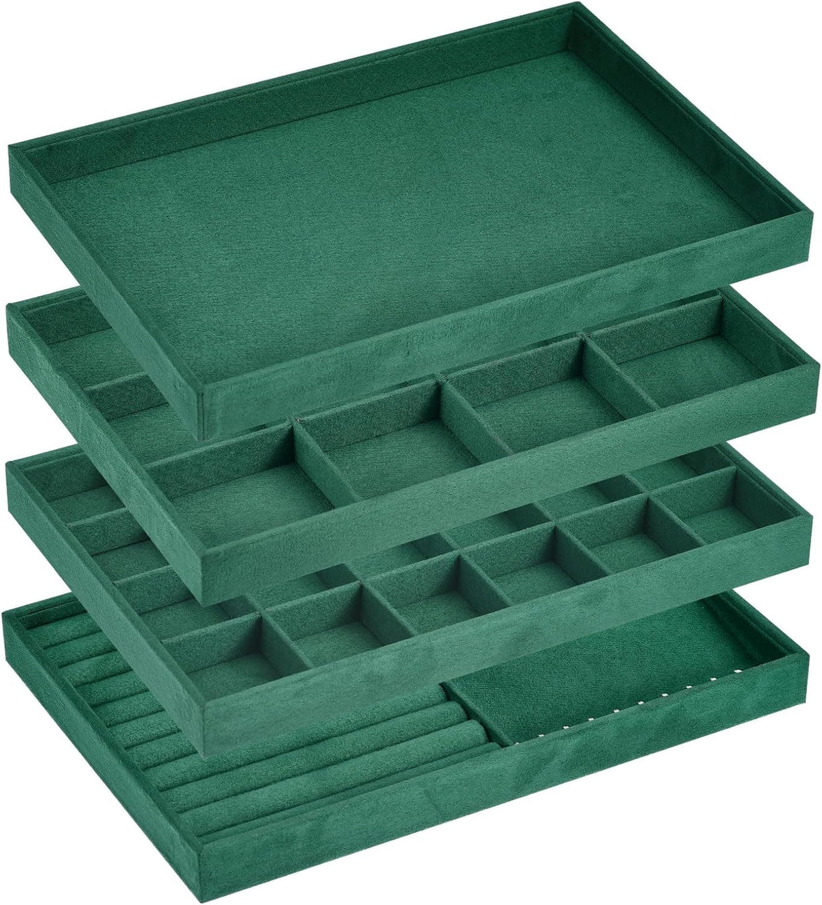 Jewelry Tray, 4 Set of Stackable Jewelry Display Tray, Velvet Jewelry Organizer, Storage Box for Ring Earring Necklace Bracelet (Dark Green)