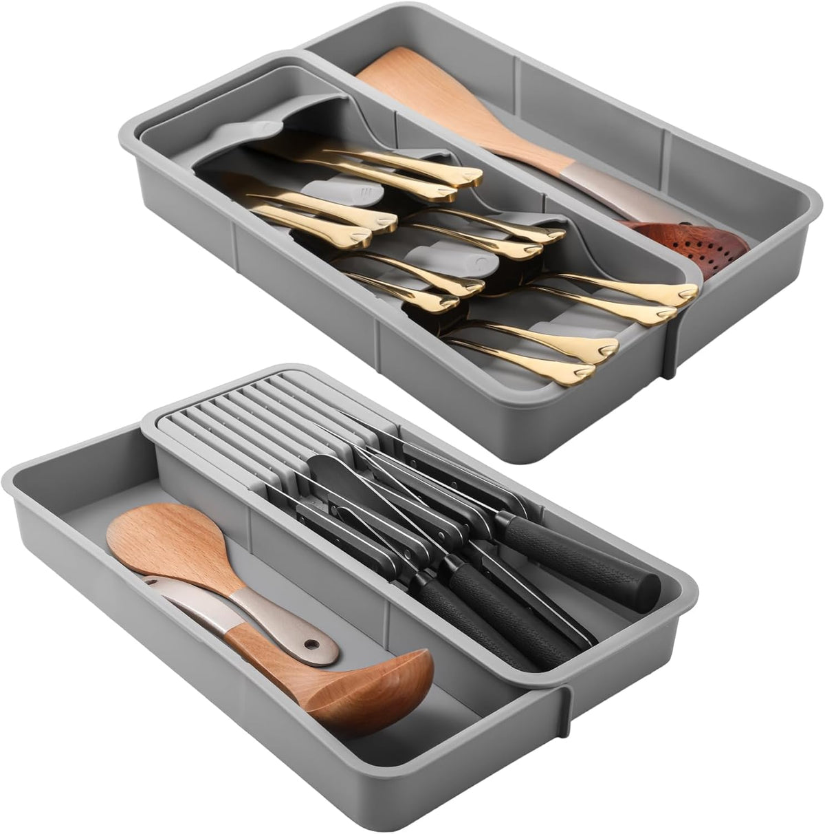 2 Pcs Knife & Silverware Drawer Organizer Holds 9 Knives with Flatware Tray Drawer Store Compact Utensil Organizer For Kitchen Silverware