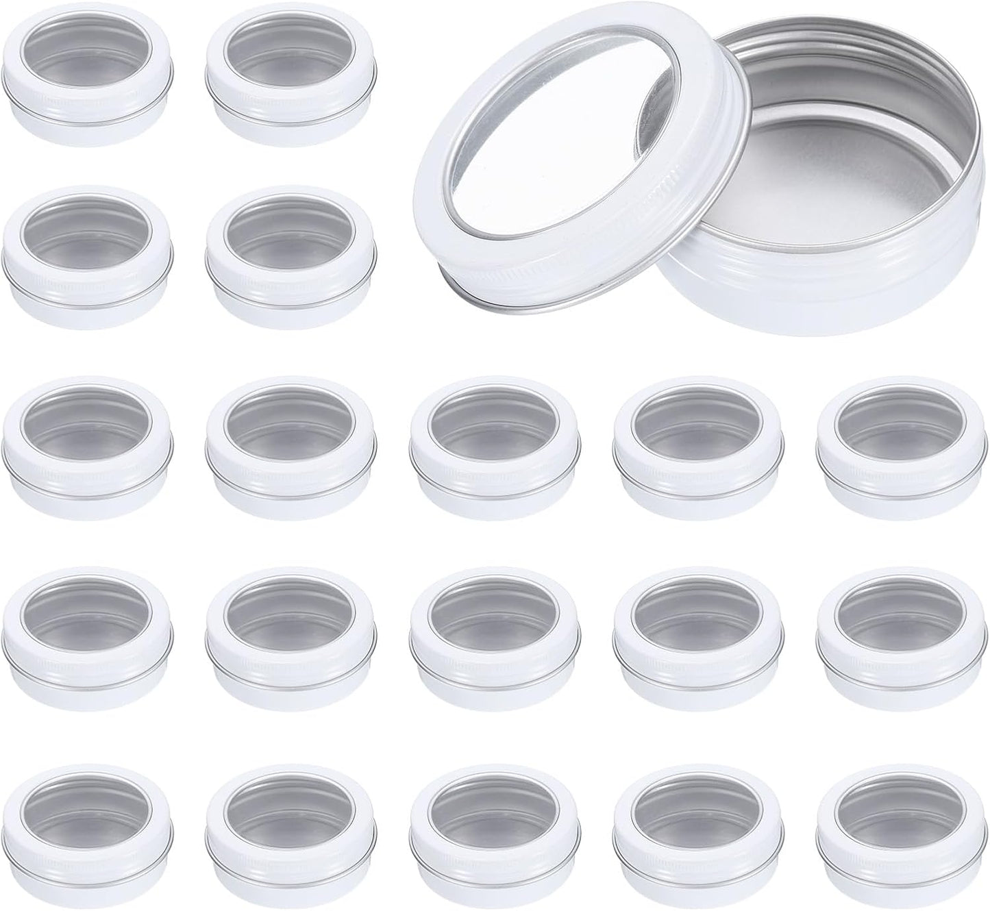 2 Oz Tin Cans, 24 Pcs Aluminum Round Tins, Travel Sized Small Metal Tins Cosmetic Sample Containers with Clear Lid for Lotion Bars Beard Balms Candles, White