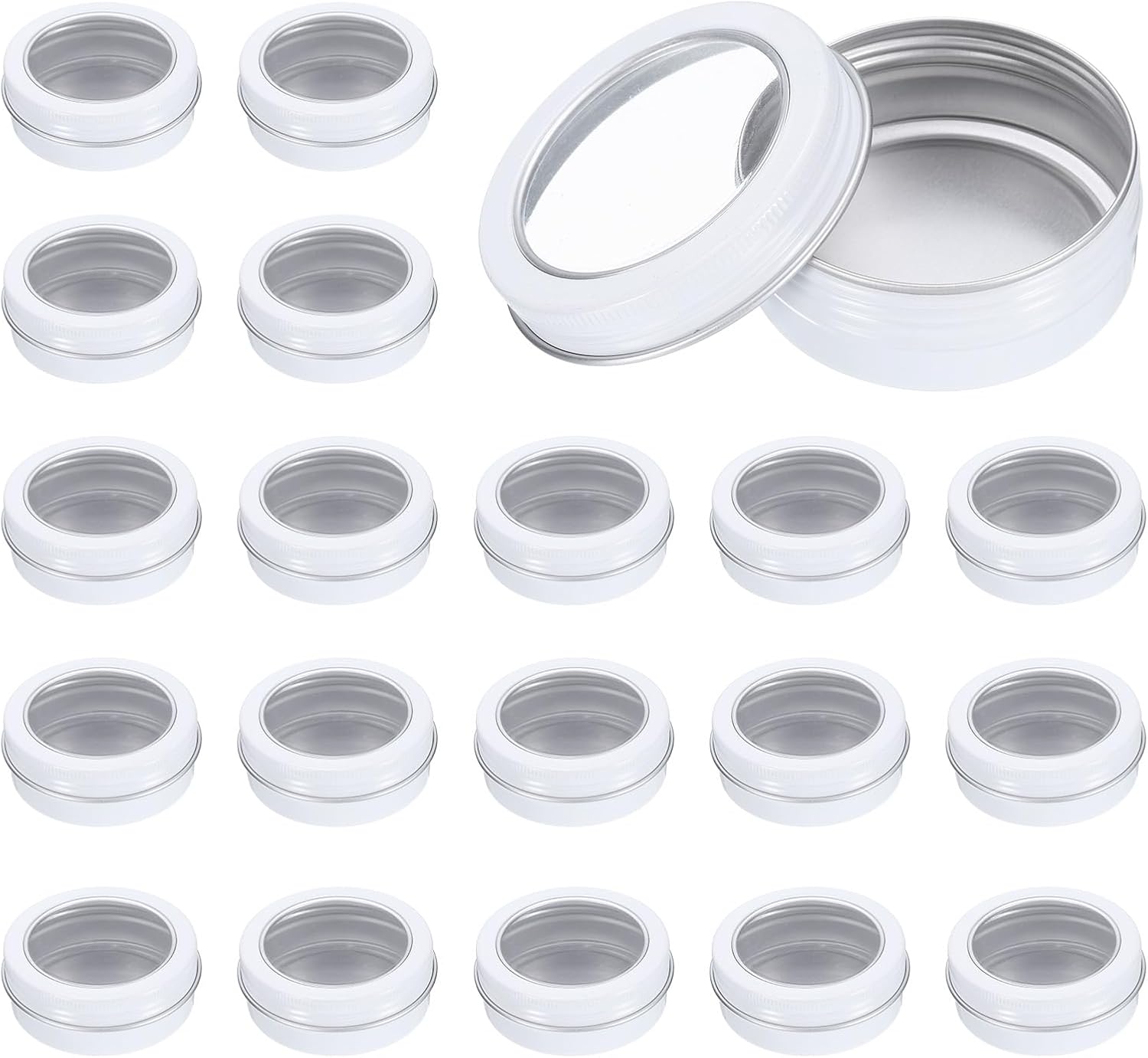 2 Oz Tin Cans, 24 Pcs Aluminum Round Tins, Travel Sized Small Metal Tins Cosmetic Sample Containers with Clear Lid for Lotion Bars Beard Balms Candles, White