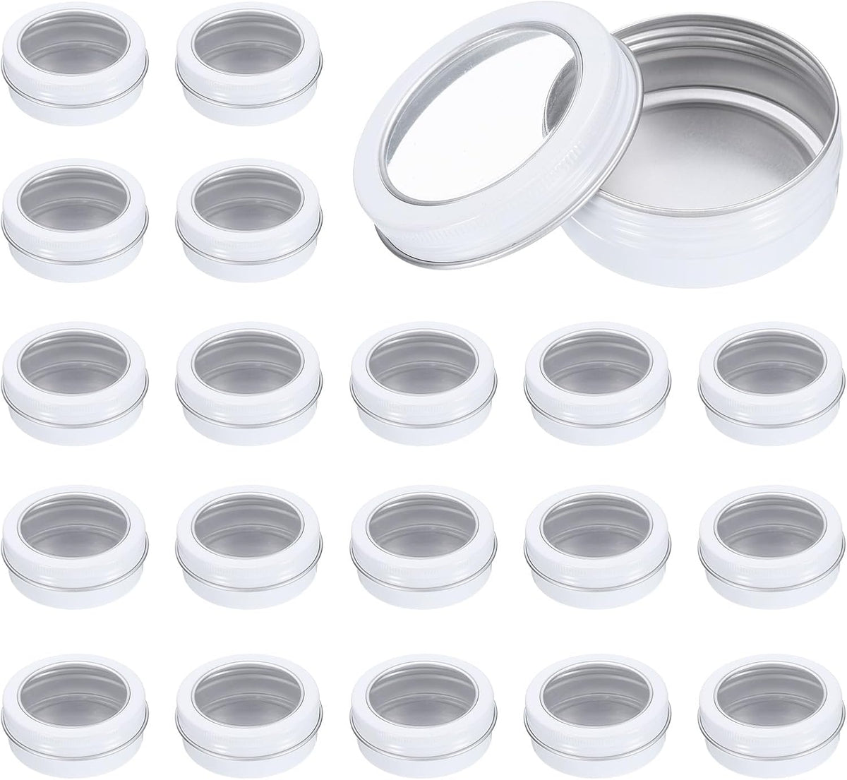 2 Oz Tin Cans, 24 Pcs Aluminum Round Tins, Travel Sized Small Metal Tins Cosmetic Sample Containers with Clear Lid for Lotion Bars Beard Balms Candles, White