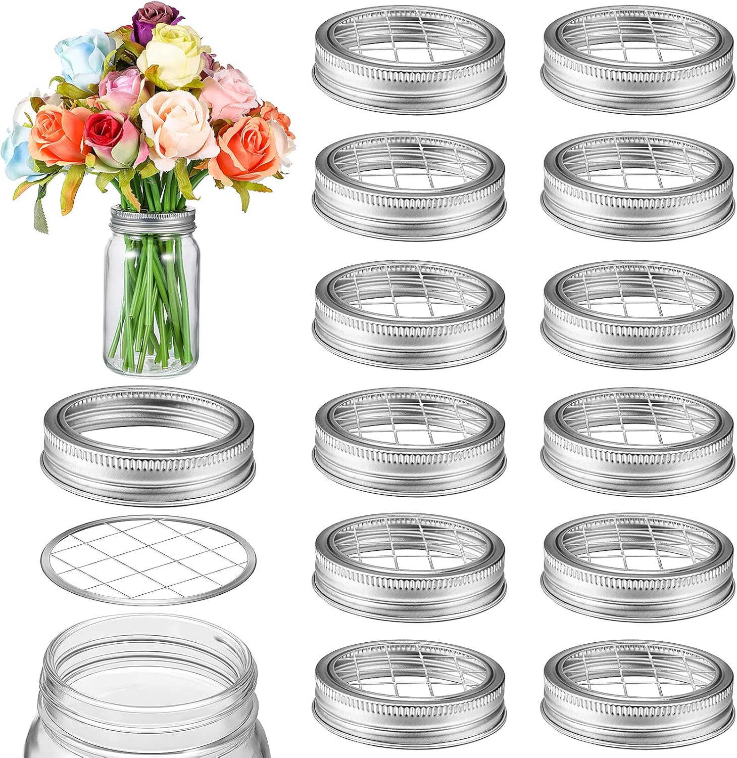 Mason Flower Jar Frog Lid Metal Insert Mason Grid Flower Organizer Frog Lid Insert for Regular Mouth Canning Jars(12 Sets)