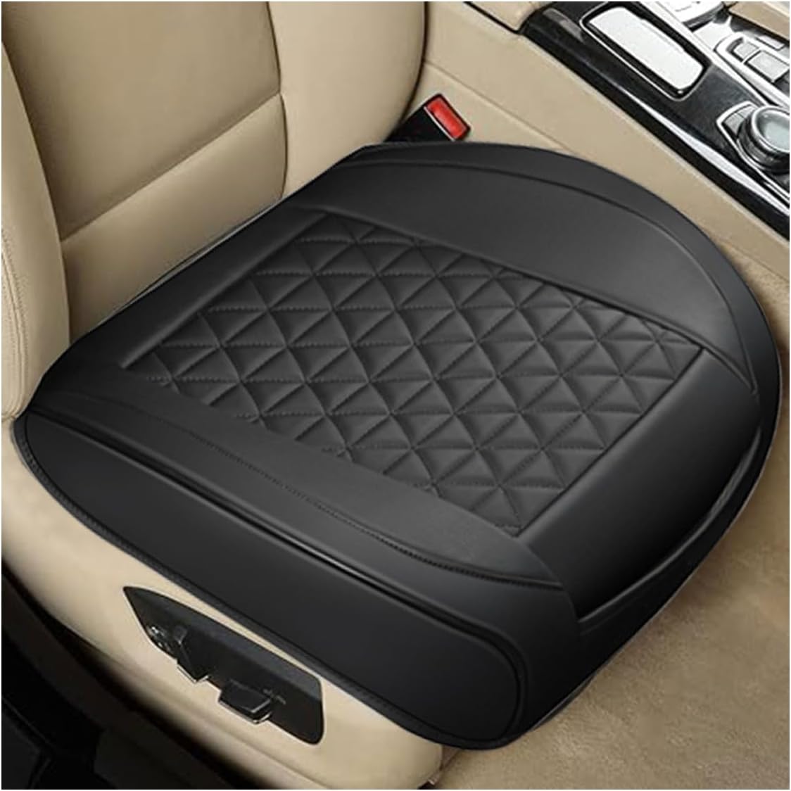 Leather Car Seat Cover, Auto Front Bottom Seat Cover Luxury Car Seat Protector Anti-Slip Waterproof Cushion Cover with Storage Pocket, for Most Cars, Trucks, SUVs (Black)