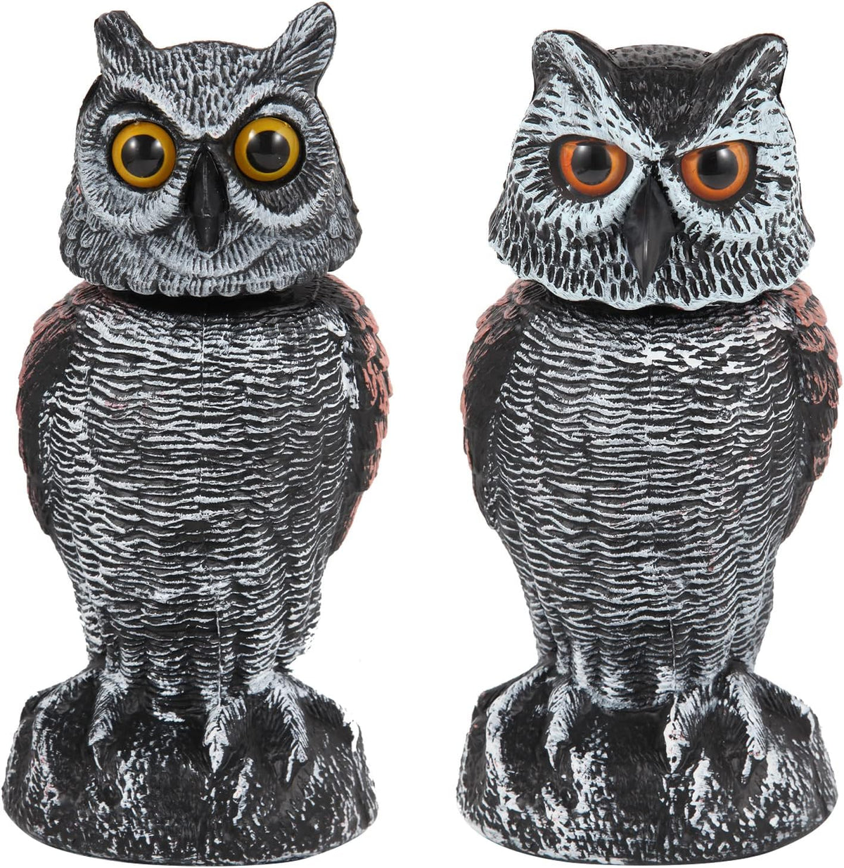 2 Pack Fake Owl Decoys to Scare Birds Away, Rotating Head Bird Deterrents, Nature Enemy Scarecrow Plastic Statues, Pest Repellent for Gardens and Patios