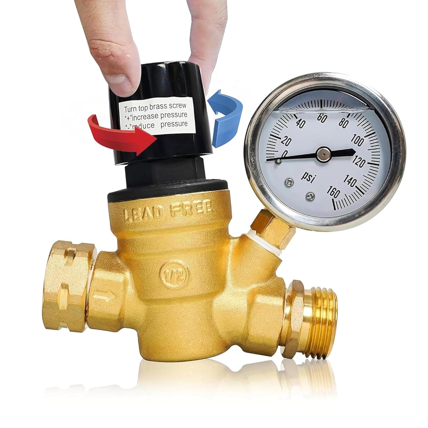 RV Water Pressure Regulator, Adjustable Handle Brass Water Pressure Regulator, Water Pressure Reducer with Gauge and Inlet Screened Filter for RV Camper Travel Trailer