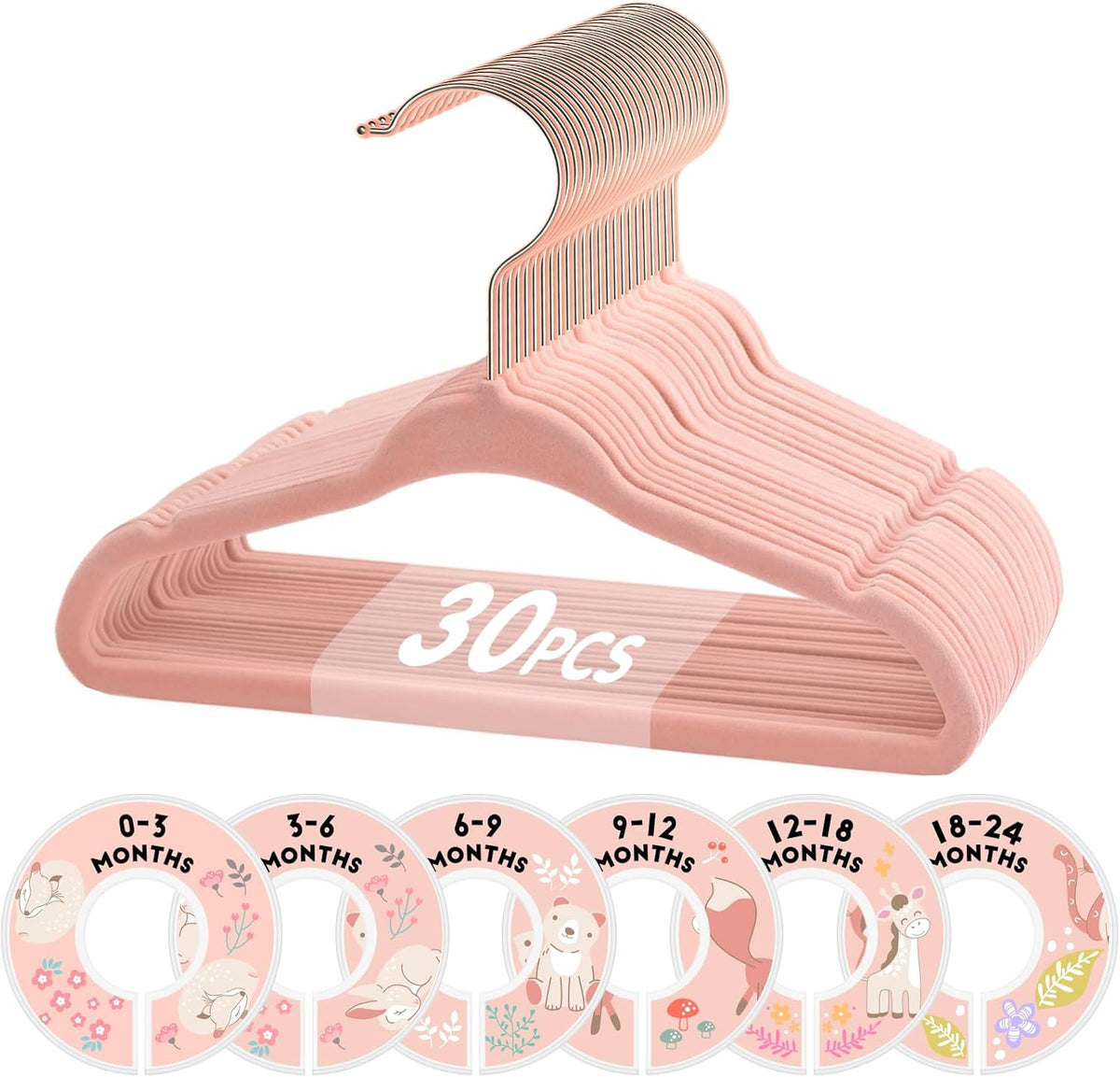 Baby Hangers, 11 Inch Velvet Kids Hangers with 6 Pcs Clothes Size Dividers, Infant Toddler Nursery Closet Organization, Non Slip, Pink, 30 Pcs