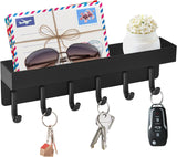 Magnetic Key Holder Wall Mount, Compact Metal Key Rack with Tray, 6 Hooks, 2 Mount Options, Black