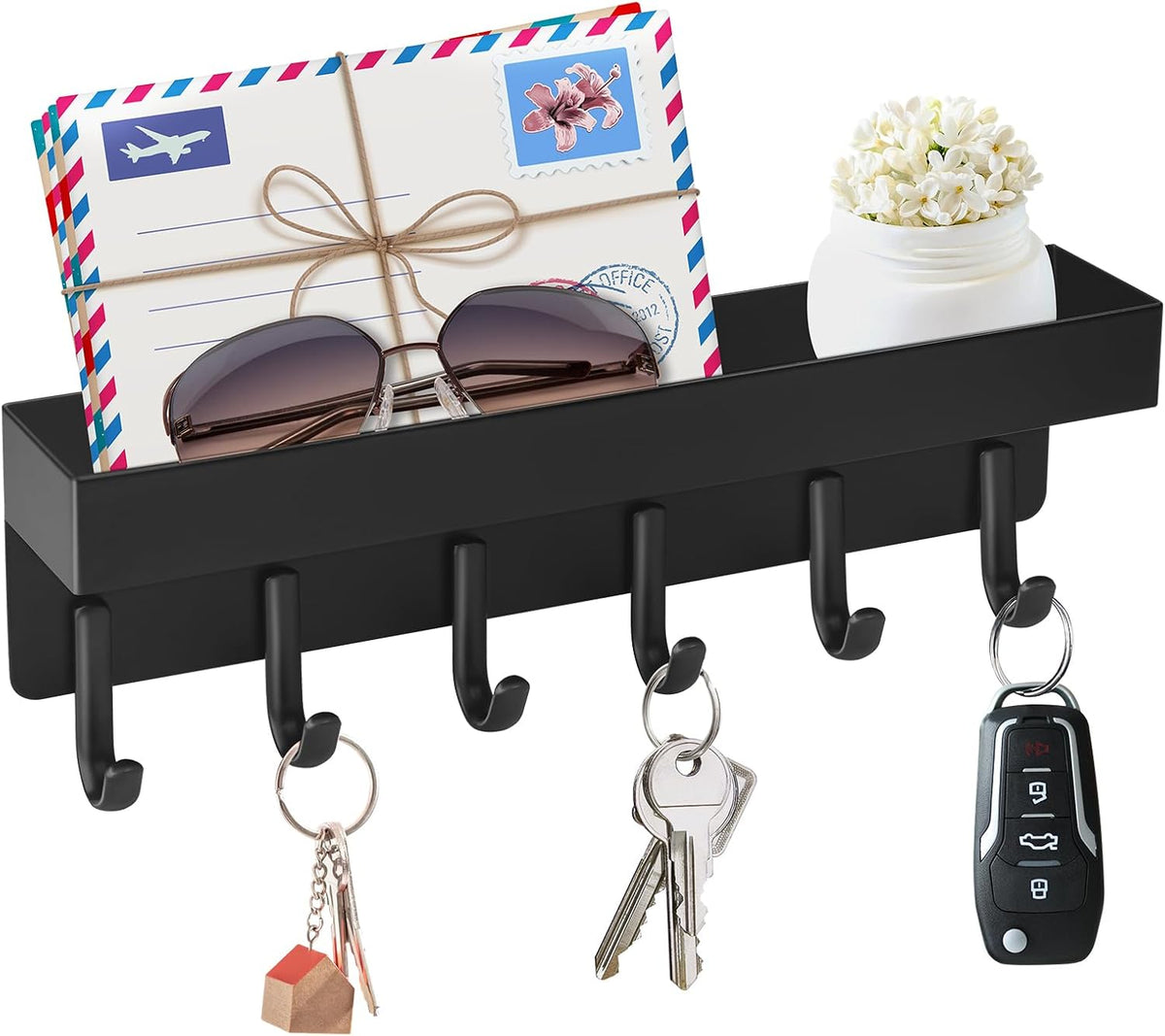 Magnetic Key Holder Wall Mount, Compact Metal Key Rack with Tray, 6 Hooks, 2 Mount Options, Black