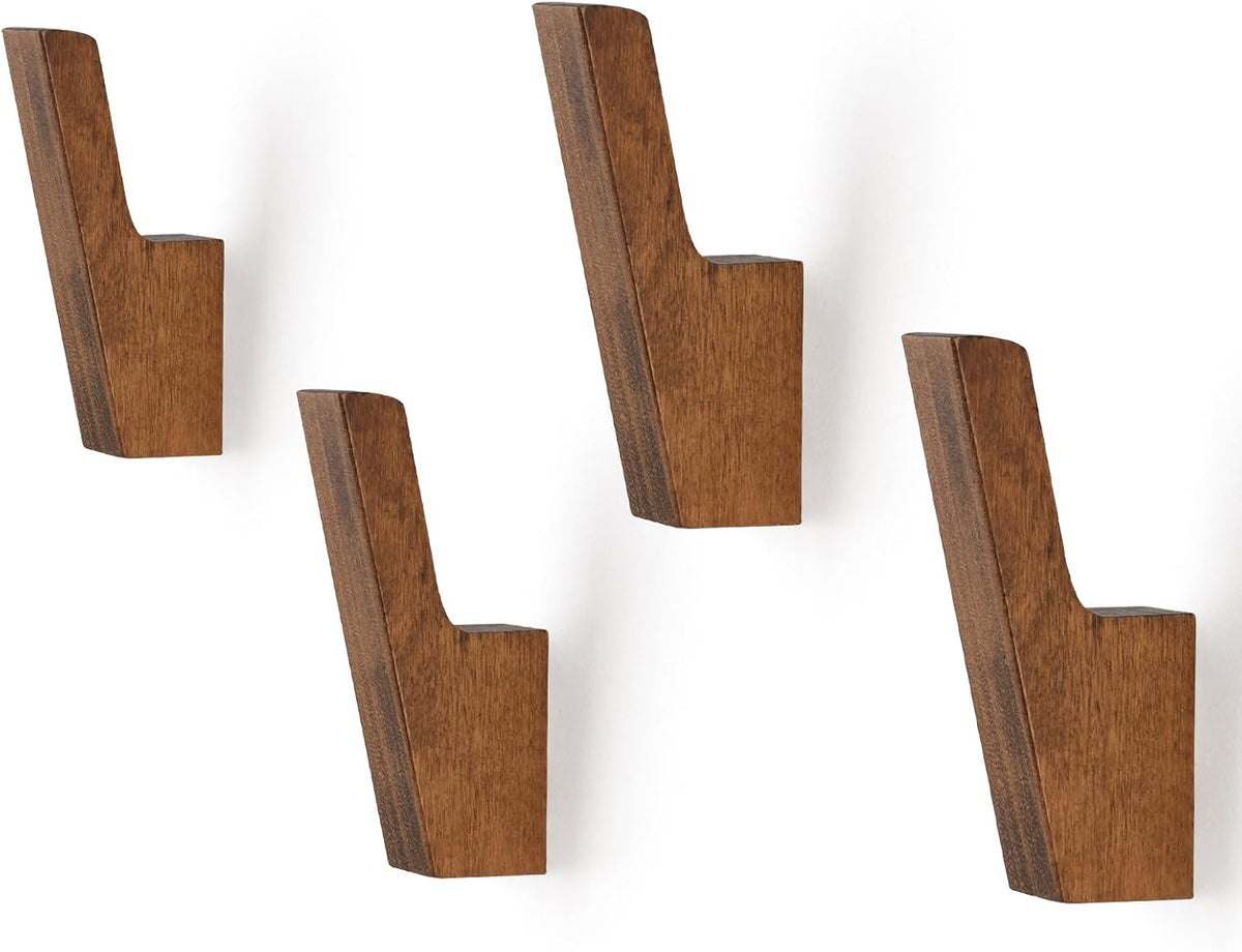 Walnut Wall Hooks, Wall Mount Wooden Coat Hooks for Entryway Cubicle, Brown, 4 Pcs