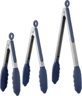 600ºF Heat Resistant Kitchen Tongs:  7/9/12 inch Silicone Cooking Tong Set with Non Stick Rubber Tips and Silicon Coated 18/8 Stainless Steel Handle for Serving Grilling Salad(Midnight Blue)