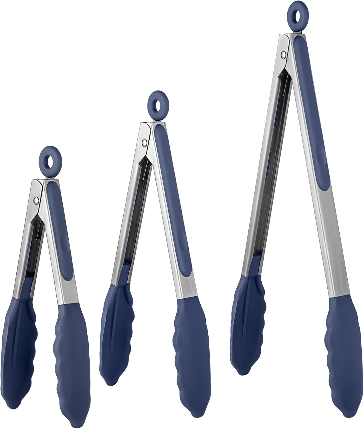 600ºF Heat Resistant Kitchen Tongs:  7/9/12 inch Silicone Cooking Tong Set with Non Stick Rubber Tips and Silicon Coated 18/8 Stainless Steel Handle for Serving Grilling Salad(Midnight Blue)
